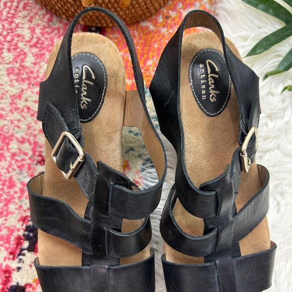 Clarks Artisan Black Leather Platform Wedge Sandal 8W 8 WIDE Ankle Strap - Picture 4 of 9